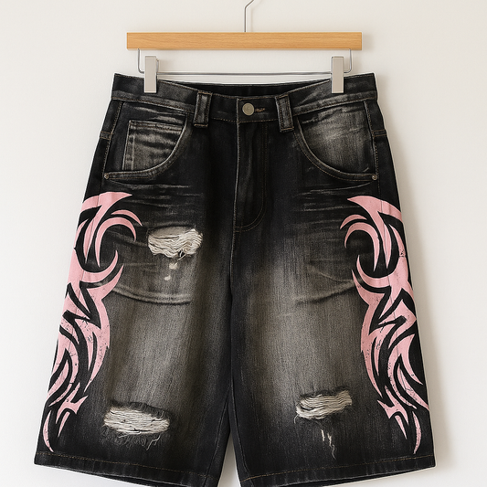 Vintage Y2K Tribal Print Denim Shorts | Distressed Black Baggy Denim with Pink Graphics