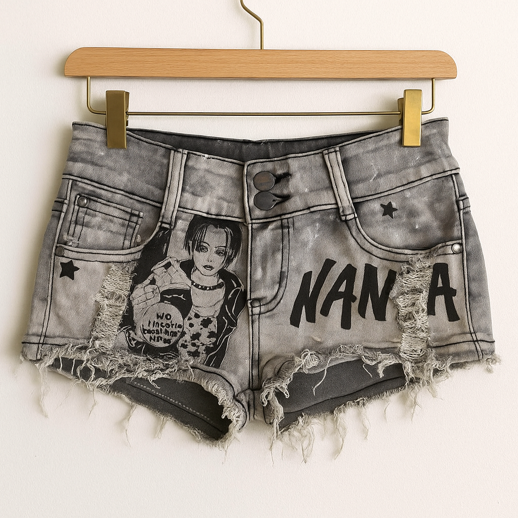 Nana Inspired Denim Shorts | Distressed Punk Rock Jean Shorts with Graphic Print