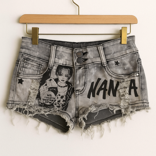 Nana Inspired Denim Shorts | Distressed Punk Rock Jean Shorts with Graphic Print