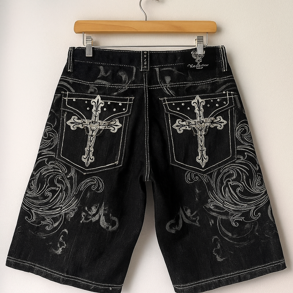 Y2K Gothic Cross Embroidered Denim Shorts | Vintage Black Streetwear Jean Shorts