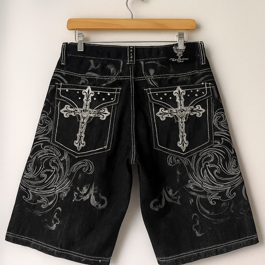 Y2K Gothic Cross Embroidered Denim Shorts | Vintage Black Streetwear Jean Shorts
