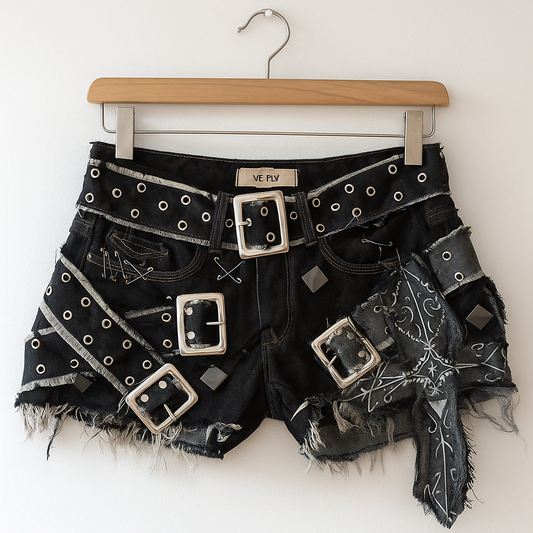 Y2K Punk Studded Black Denim Shorts | Gothic Streetwear Belted Rave Shorts