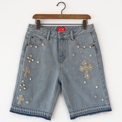 Vintage Cross Embroidered Denim Shorts | Y2K Distressed Jean Shorts