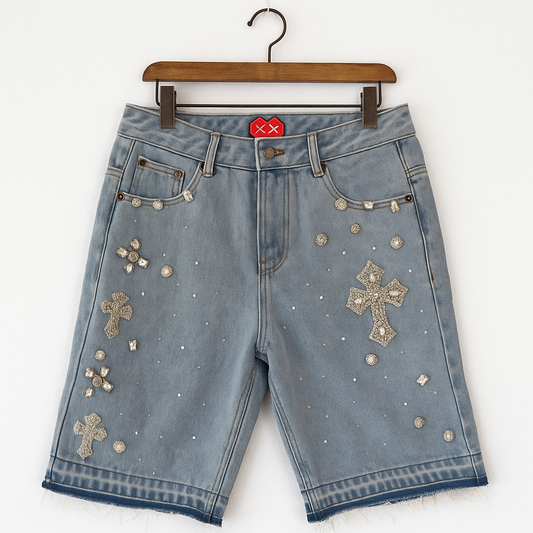 Vintage Cross Embroidered Denim Shorts | Y2K Distressed Jean Shorts