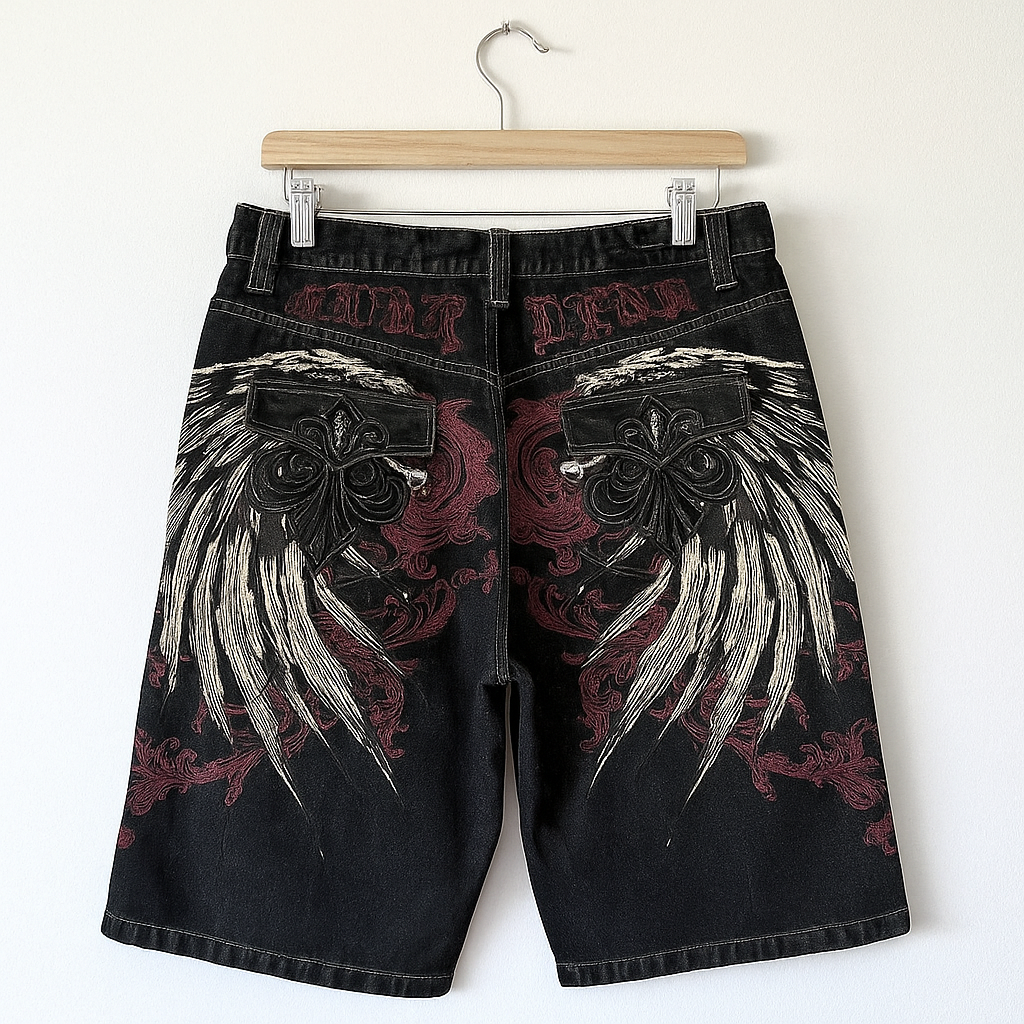 Gothic Embroidered Denim Shorts | Red Wing Streetwear Y2K Baggy Jean Shorts