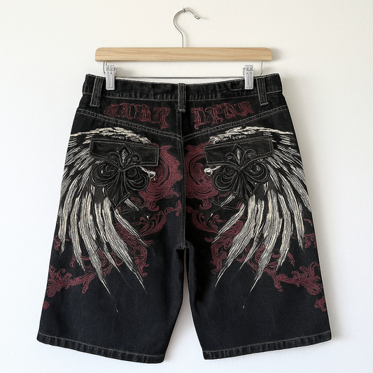 Gothic Embroidered Denim Shorts | Red Wing Streetwear Y2K Baggy Jean Shorts