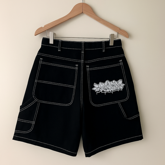 Y2K Graffiti Cargo Shorts | Baggy Streetwear Skate Shorts with Contrast Stitching
