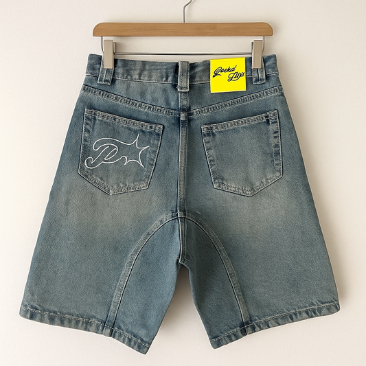 Protect Denim Shorts | Streetwear Baggy Jean Shorts with Embroidered P Detail