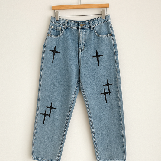 Y2K Cross Embroidery Baggy Jeans | Light Blue Streetwear Denim