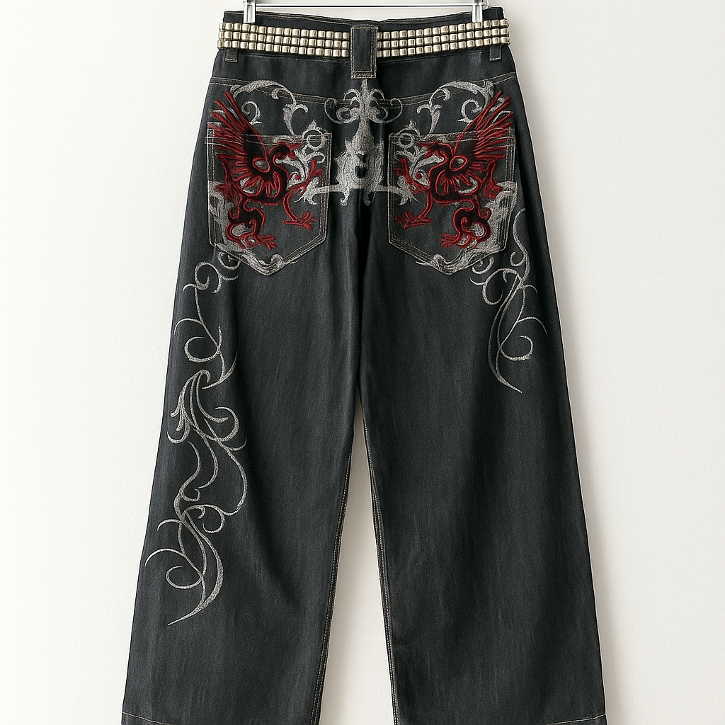 Y2K Black Dragon Embroidered Jeans | Gothic Streetwear Denim with Cross & Flame Details