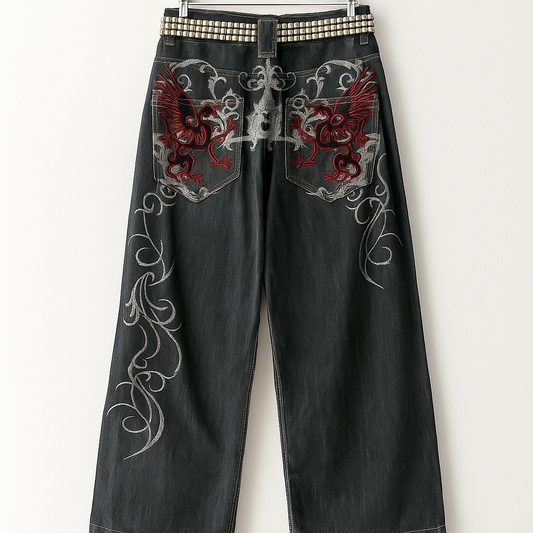 Y2K Black Dragon Embroidered Jeans | Gothic Streetwear Denim with Cross & Flame Details