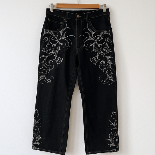 Y2K Black Dragon Embroidered Jeans | Gothic Streetwear Denim with Cross & Flame Details