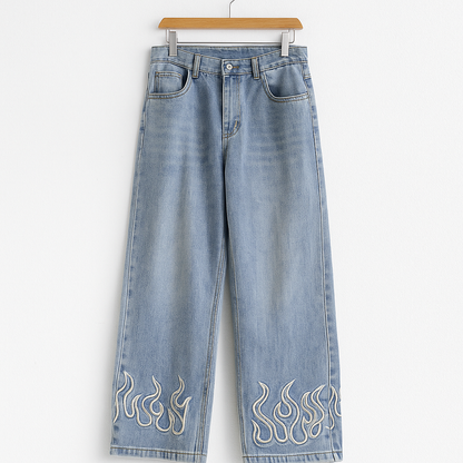 Y2K Flame Embroidered Wide Leg Denim Jeans | Loose Fit Streetwear