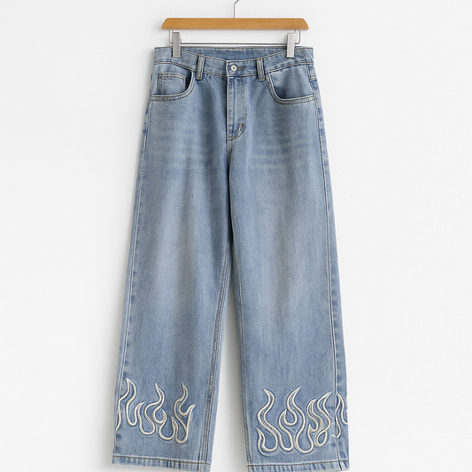 Y2K Flame Embroidered Wide Leg Denim Jeans | Loose Fit Streetwear