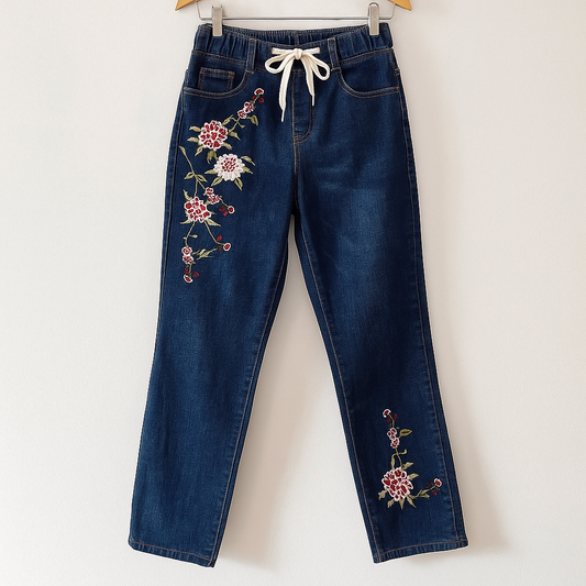 Women’s Embroidered Denim Jeans | Vintage Straight Leg Casual Pants with Floral Detailing