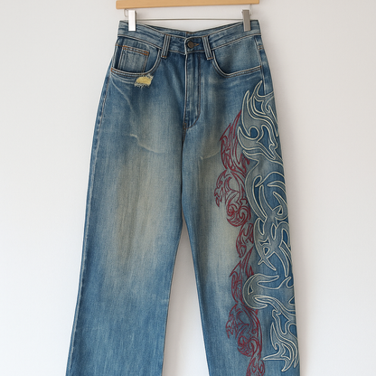 Y2K Embroidered Baggy Jeans | Vintage Washed Denim with Red and White Flame Design