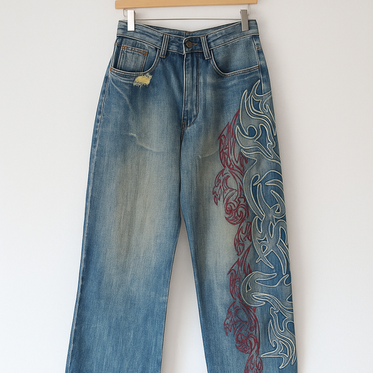 Y2K Embroidered Baggy Jeans | Vintage Washed Denim with Red and White Flame Design