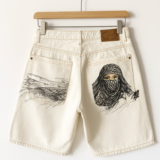 Y2K White Graphic Denim Shorts | Retro Embroidered Pocket Shorts