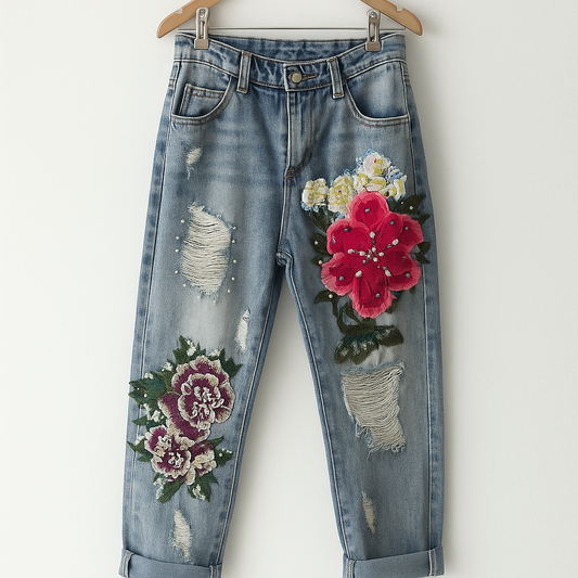 Floral Embroidered Jeans | Vintage Casual High Waisted Harem Pants