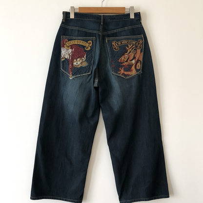 Y2K Embroidered Pocket Baggy Jeans | Retro Wide-Leg Denim Pants