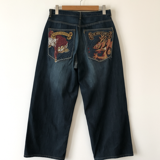 Y2K Embroidered Pocket Baggy Jeans | Retro Wide-Leg Denim Pants