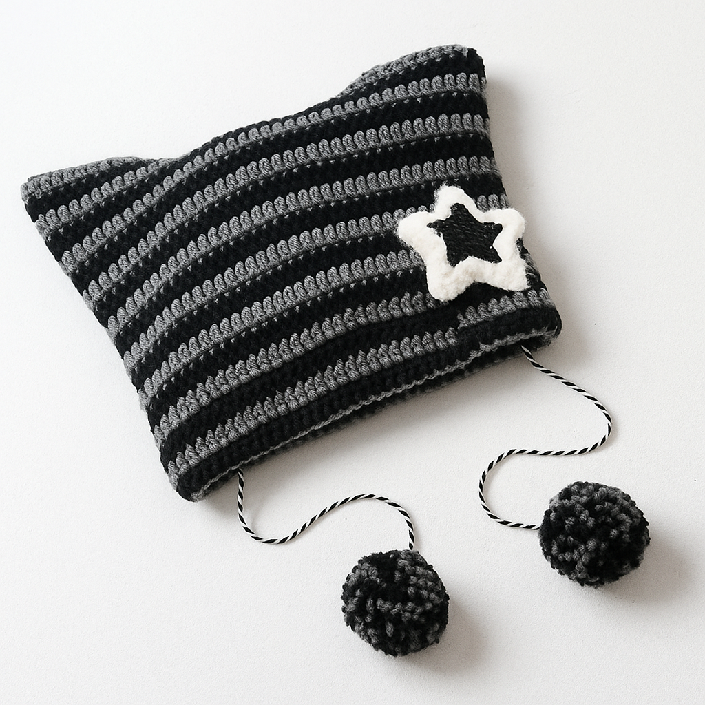 Striped Knit Beanie Hat | Y2K Star Patch Winter Hat with Pom Pom Ties