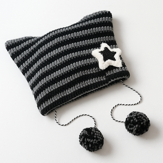 Striped Knit Beanie Hat | Y2K Star Patch Winter Hat with Pom Pom Ties