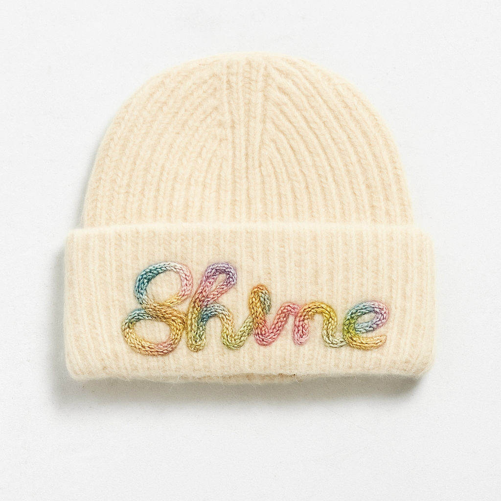 Shine Embroidered Beanie | Cozy Winter Knit Hat with Colourful Lettering