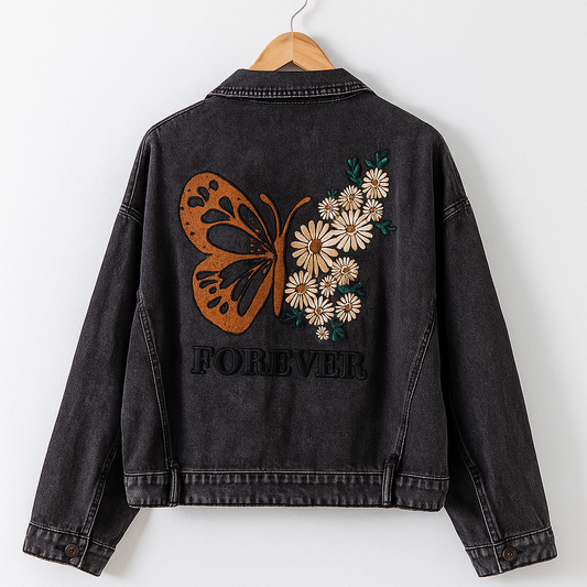 Forever Butterfly Denim Jacket | Embroidered Floral Oversized Black Jean Jacket