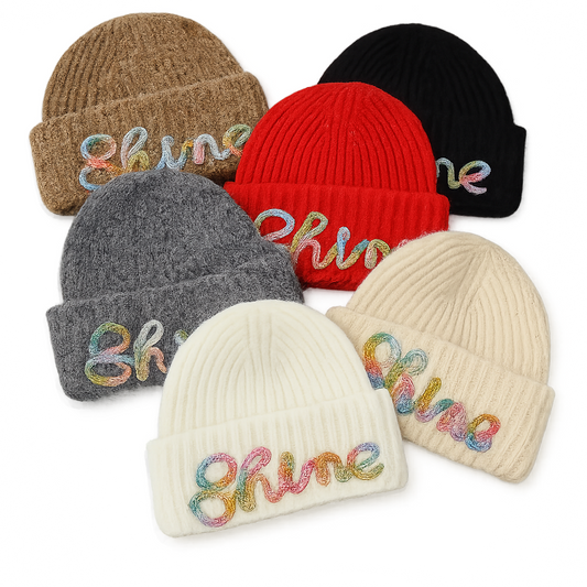 Shine Embroidered Beanie | Cozy Winter Knit Hat with Colourful Lettering