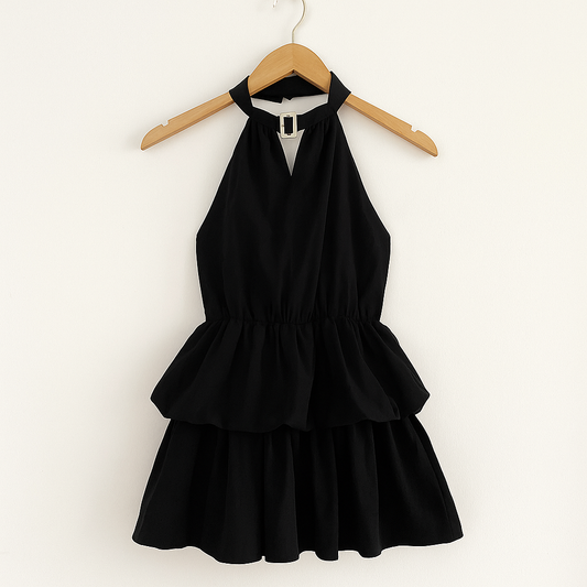 V Neck Mini Dress | Sleeveless Layered Chiffon Dress with Open Back