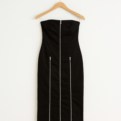 Y2K Gothic Black Midi Dress | Strapless Zipper Bodycon Dress with Side Slit