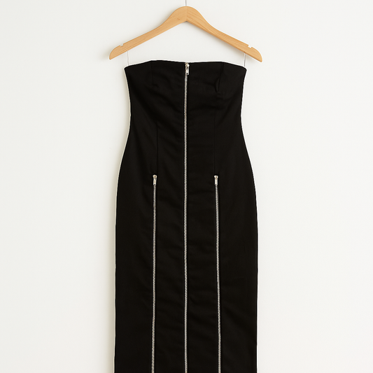 Y2K Gothic Black Midi Dress | Strapless Zipper Bodycon Dress with Side Slit
