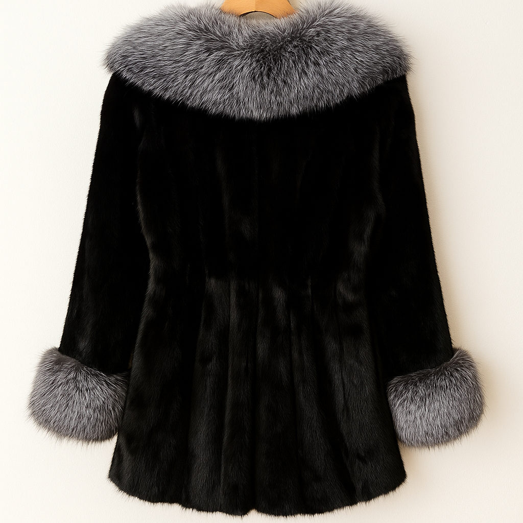 Luxury Faux Fur Coat | Black Winter Jacket with Silver Fox Collar & Cuffs