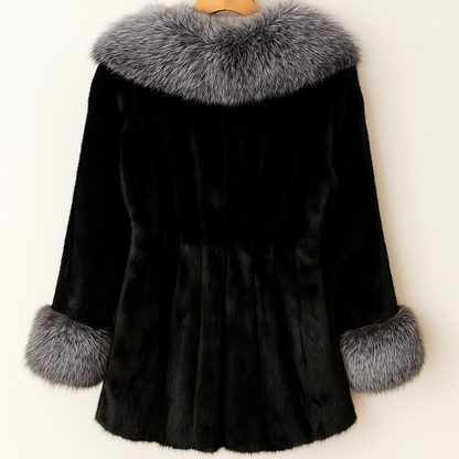 Luxury Faux Fur Coat | Black Winter Jacket with Silver Fox Collar & Cuffs