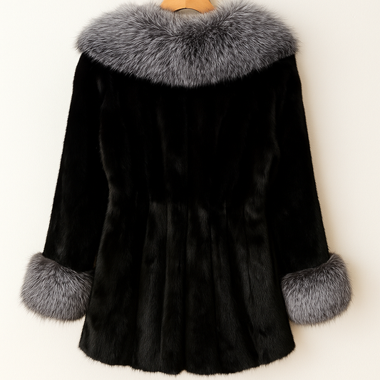Luxury Faux Fur Coat | Black Winter Jacket with Silver Fox Collar & Cuffs