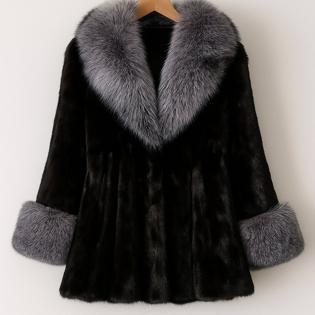 Luxury Faux Fur Coat | Black Winter Jacket with Silver Fox Collar & Cuffs