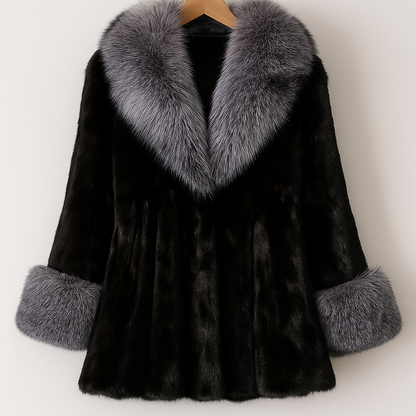 Luxury Faux Fur Coat | Black Winter Jacket with Silver Fox Collar & Cuffs
