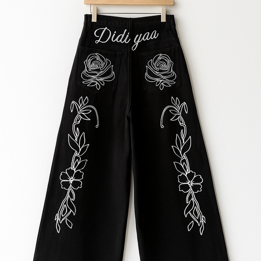 Black Wide-Leg Jeans | White Rose & Floral Embroidery | Didi Yaa Design