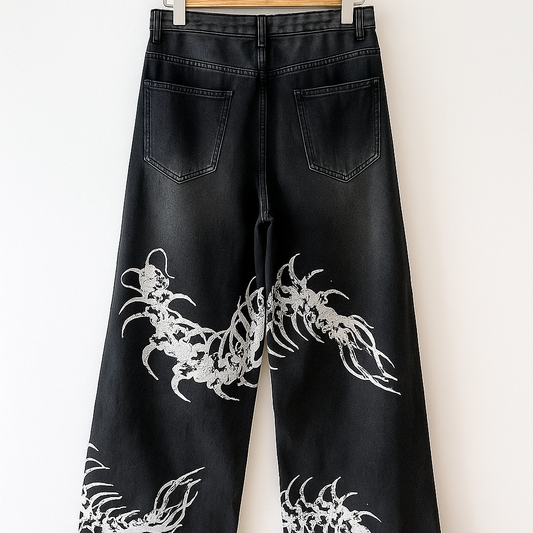 Black Wide-Leg Jeans | Silver Embroidered Centipede Design | Gothic Streetwear