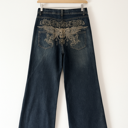 Dark Wash Wide-Leg Jeans | Gold Embroidered Skull & Wings Design | Vintage Y2K Style