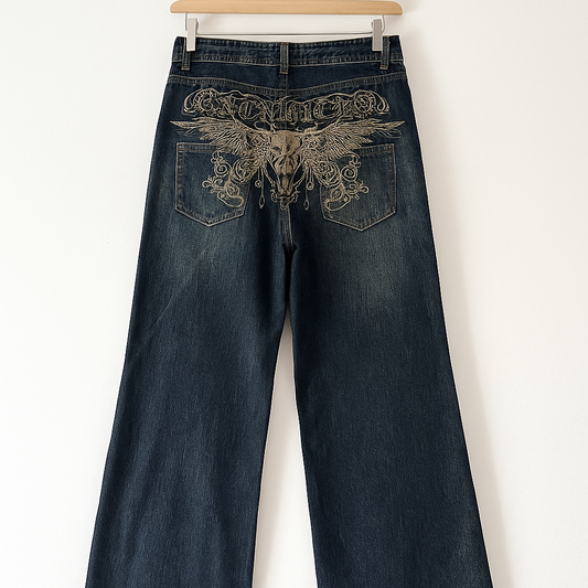 Dark Wash Wide-Leg Jeans | Gold Embroidered Skull & Wings Design | Vintage Y2K Style