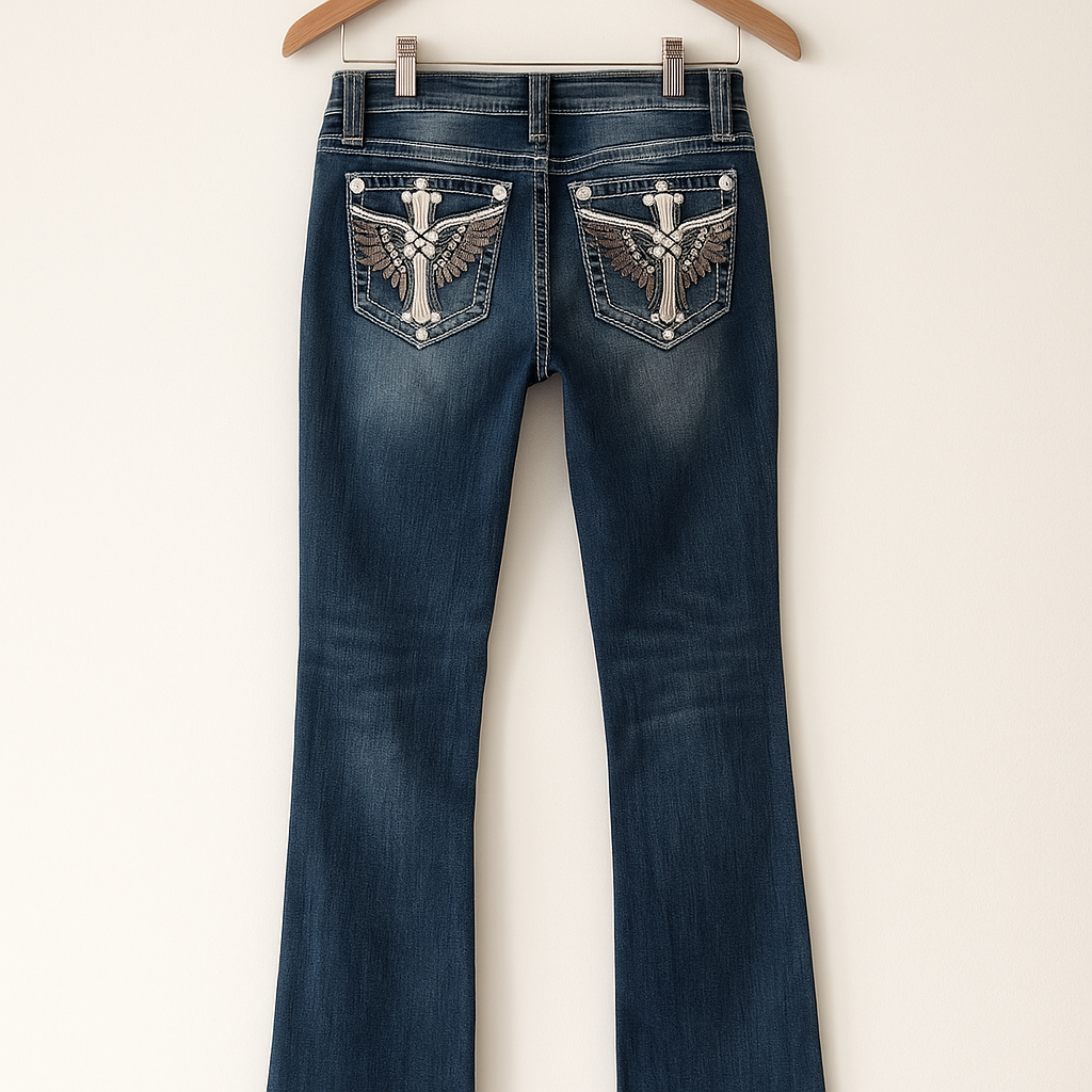 Bootcut Denim Jeans | Cross & Wing Embroidery on Back Pockets | Y2K Western Style