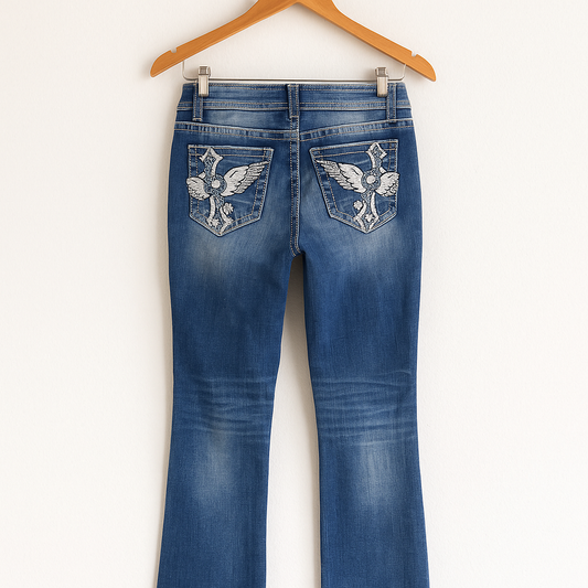 Blue Flare Jeans | Cross & Angel Wing Embroidered Back Pockets | Y2K Vintage Denim