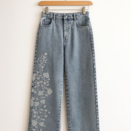 High-Waisted Straight Leg Jeans | Light Blue Denim with Floral Embroidery | Vintage Y2K Style