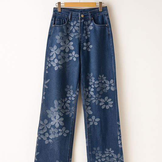 Straight Leg Jeans | Dark Wash Denim | All-Over Floral Print | Y2K 90s Aesthetic