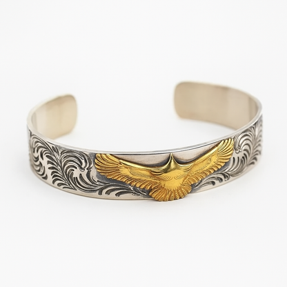 Silver and Gold Eagle Bracelet | Engraved Cuff Bangle with Vintage Design