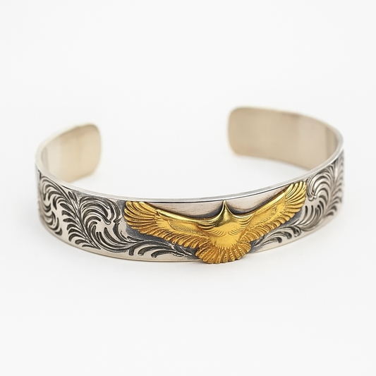 Silver and Gold Eagle Bracelet | Engraved Cuff Bangle with Vintage Design