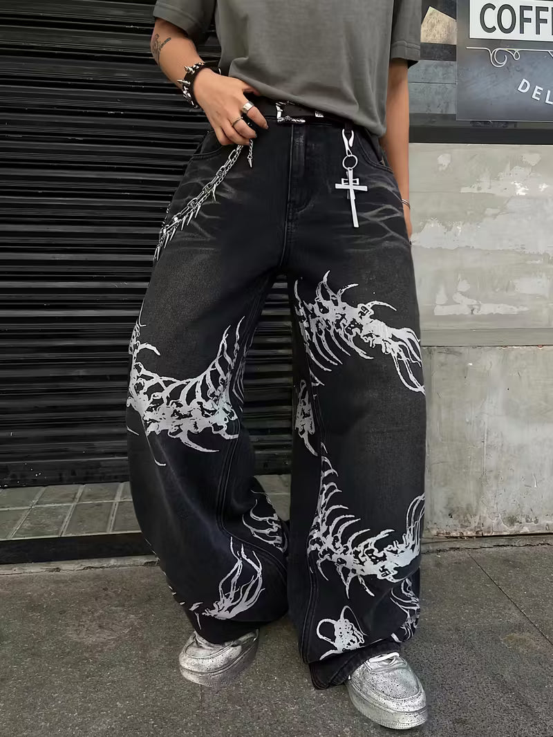 Black Wide-Leg Jeans | Silver Embroidered Centipede Design | Gothic Streetwear