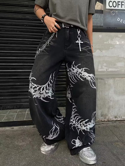Black Wide-Leg Jeans | Silver Embroidered Centipede Design | Gothic Streetwear